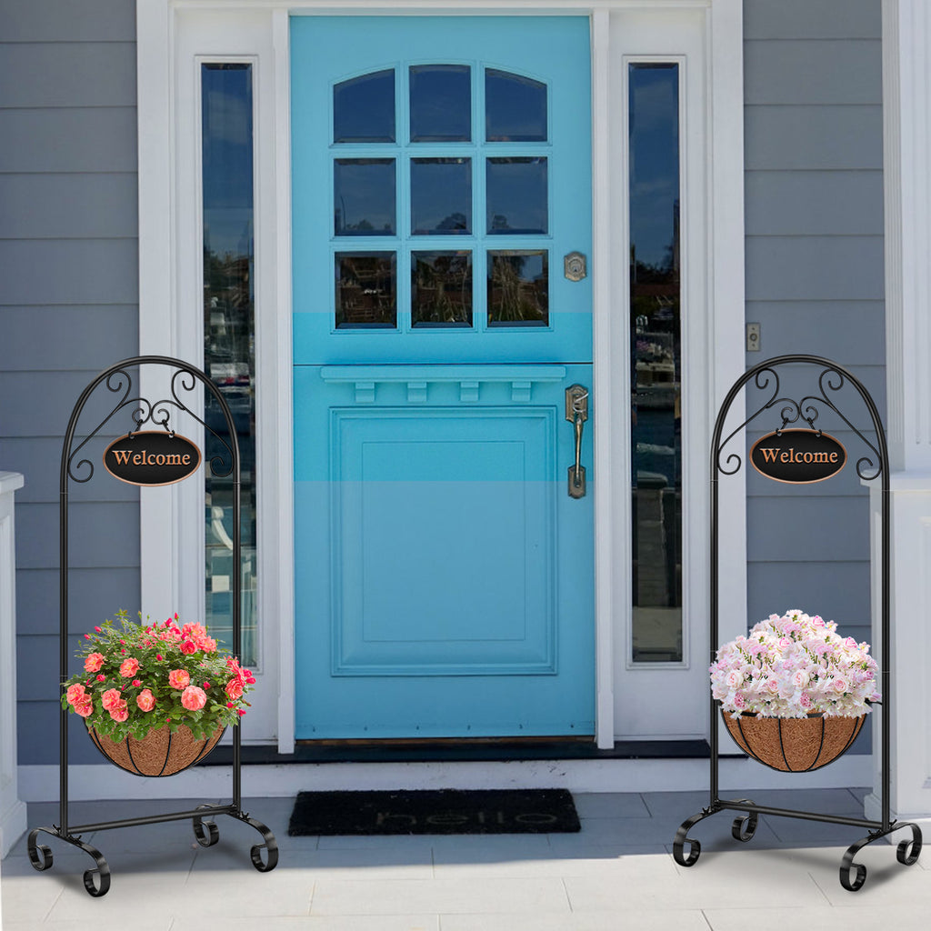 39.5inch Welcome Planter Basket Stand with Coco Liner - Hanging Metal Flower Stand - Decorative Sign for Porch & Entryway
