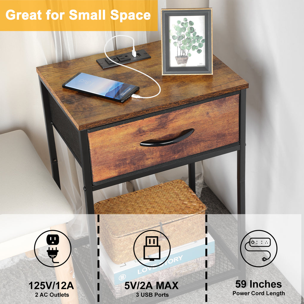 Set of 2 Farmhouse Nightstands with Charging Station, Rustic Brown Industrial End Tables with Fabric Drawer and Mesh Shelf for Bedroom, Living Room