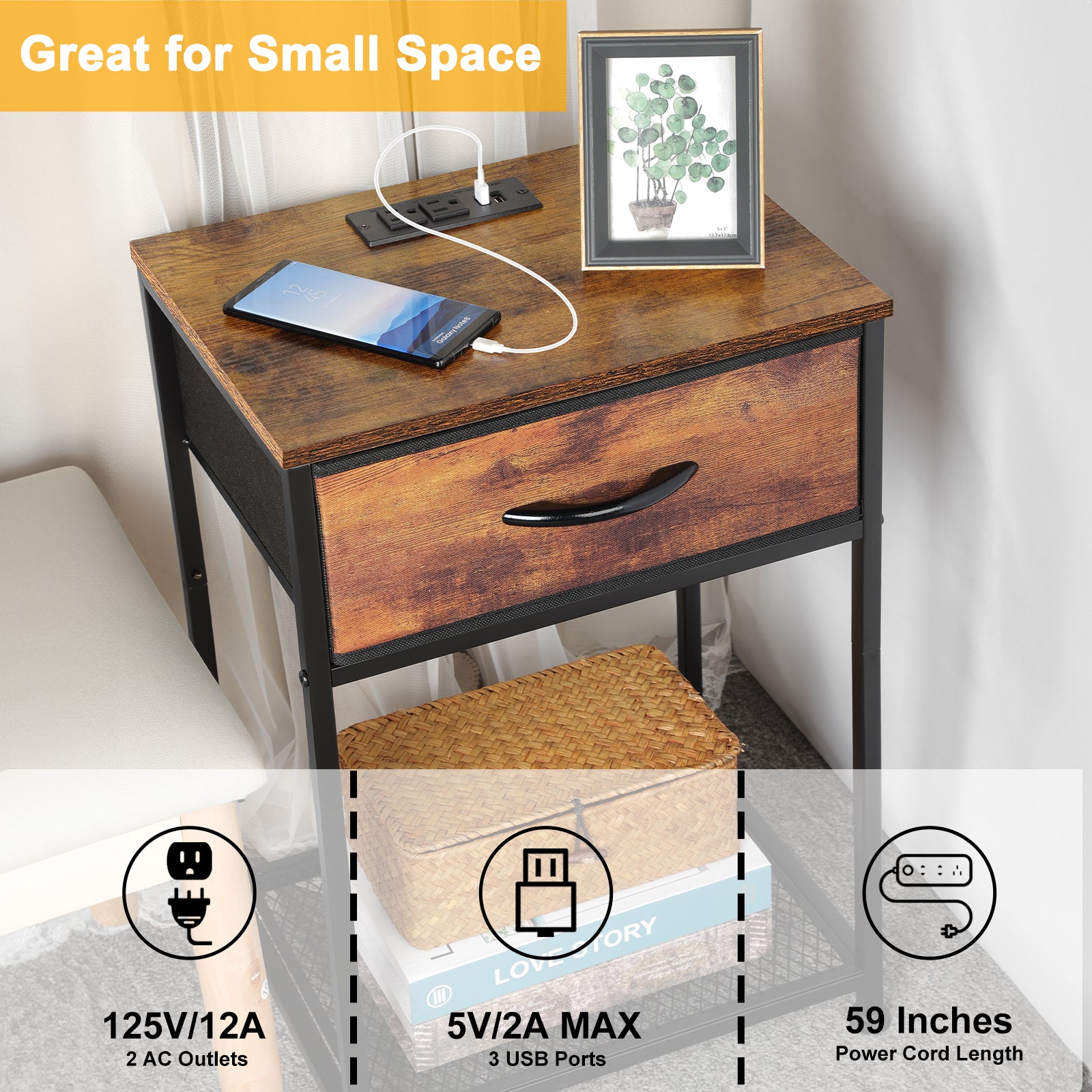 Set of 2 Farmhouse Nightstands with Charging Station, Rustic Brown Industrial End Tables with Fabric Drawer and Mesh Shelf for Bedroom, Living Room