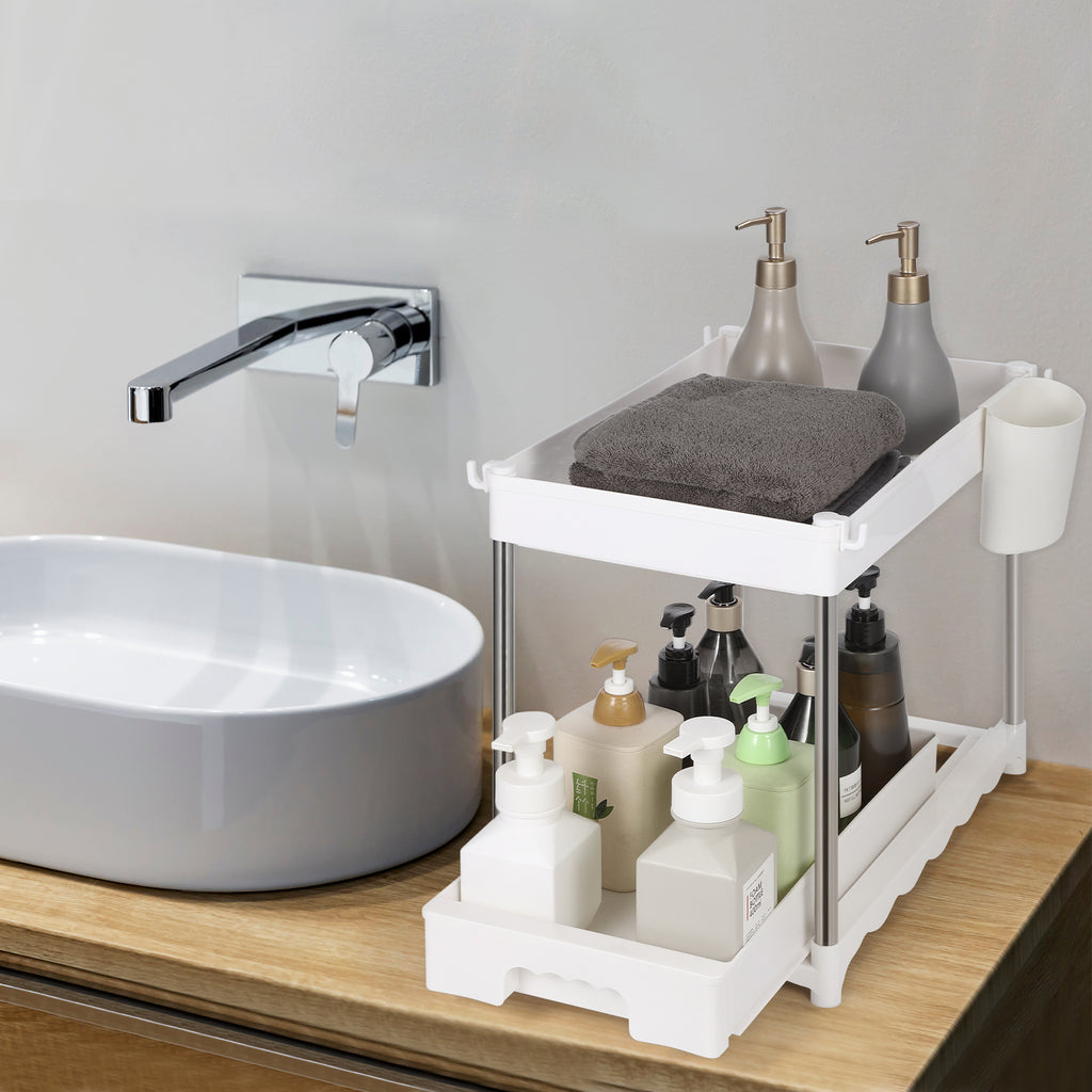 Under Sink Organizers and Storage, 2-Tier Bathroom Kitchen Organization and Storage, Bathroom Cabinet Organiz With Sliding Drawers, Under Sink Storage Shelves with Hooks Hanging Cup Dividers