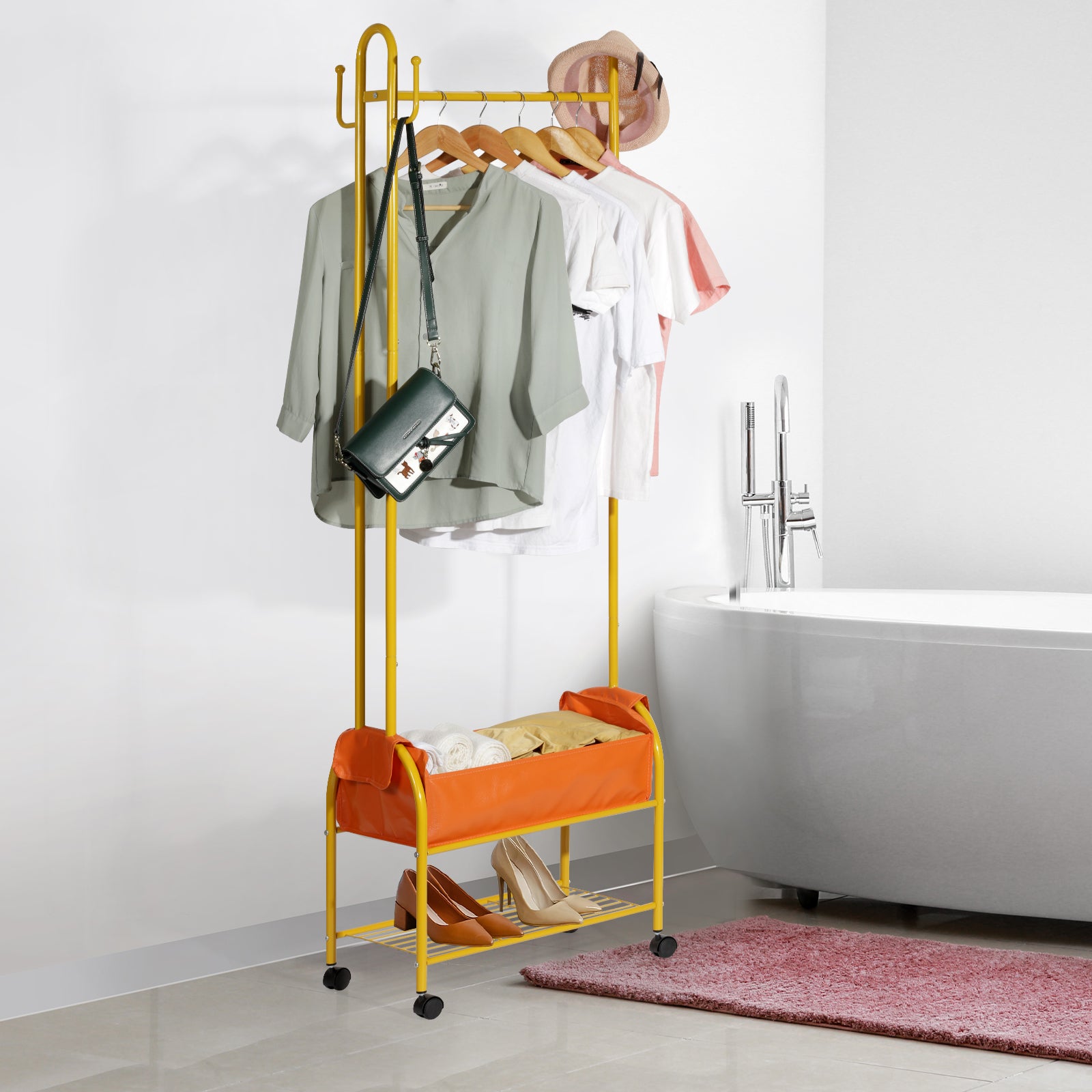 Gold Rolling Garment Rack - Heavy Duty Clothing Rack with Shelves & Side Hooks