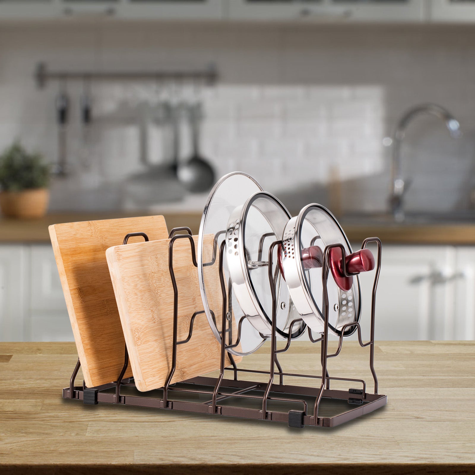 2-Pack Adjustable Pot and Pan Lid Organizer - Kitchen Cabinet Bakeware and Cutting Board Holder, Bronze