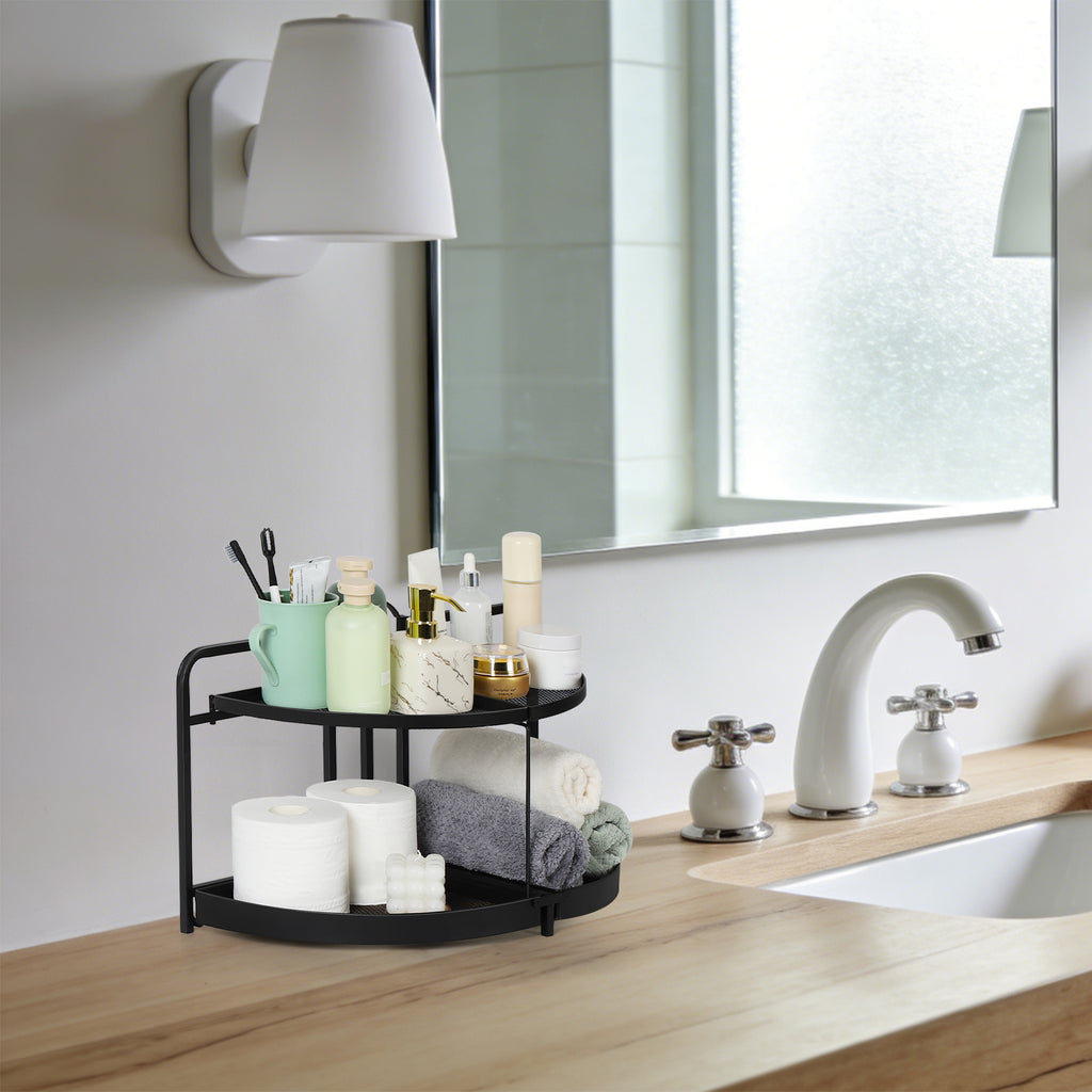 2-Tier Corner Bathroom Counter Organizer - Space-Saving L-Shaped Vanity Shelf for Makeup & Skincare