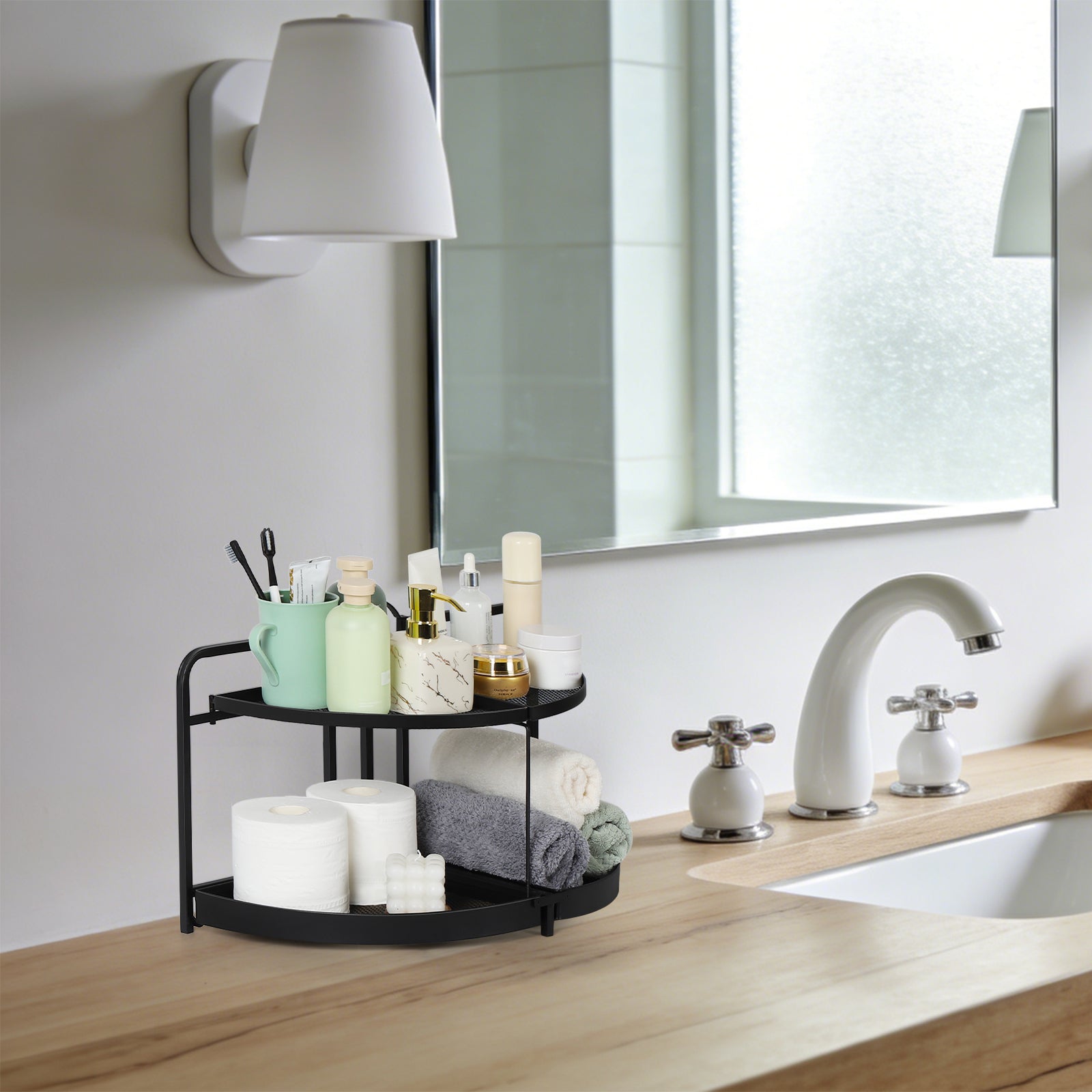 2-Tier Corner Bathroom Counter Organizer - Space-Saving L-Shaped Vanity Shelf for Makeup & Skincare