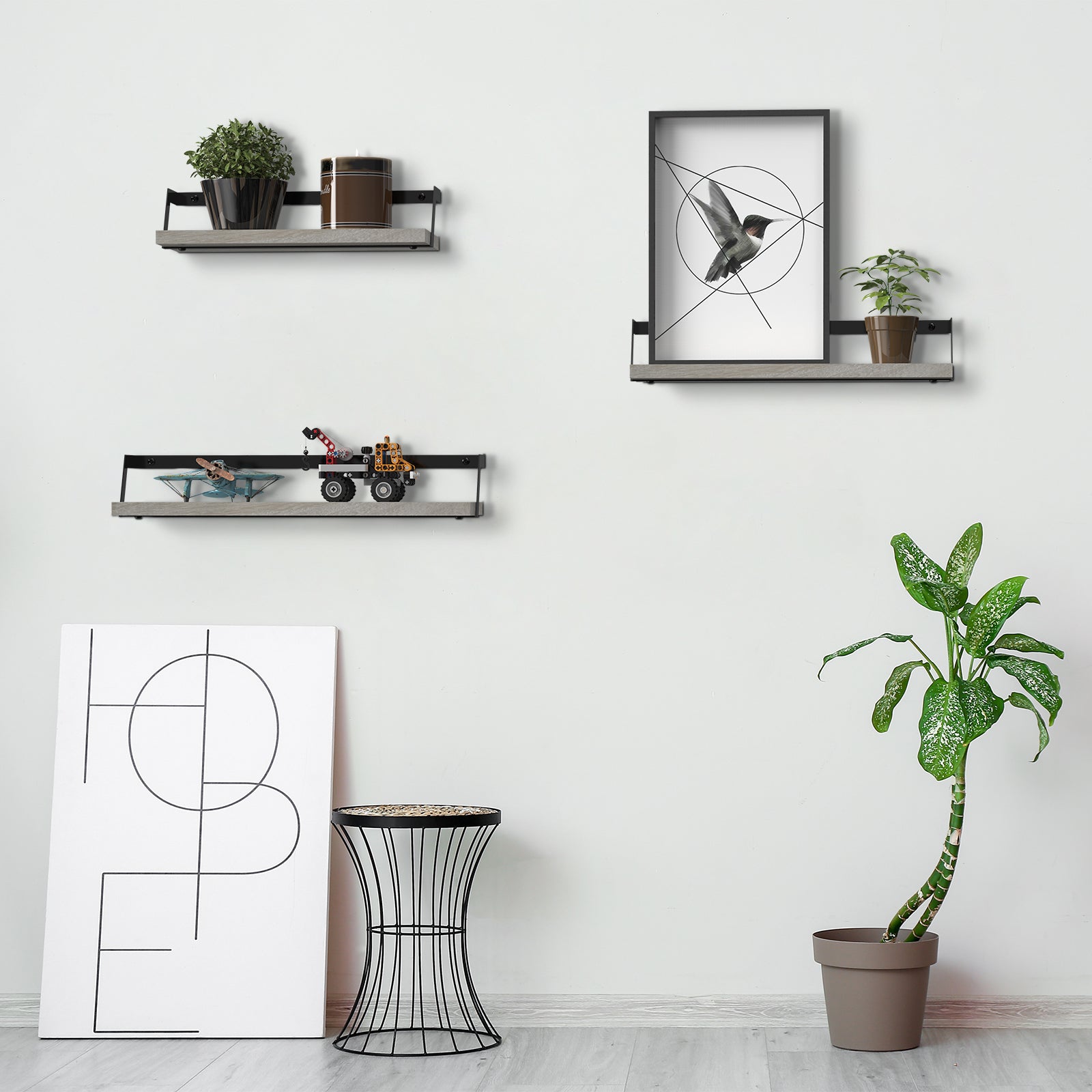 Rustic Wooden Floating Shelves Set of 3 - Wall Mounted Decorative Display Racks for Living Room & Bedroom