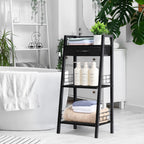 3 Tier Ladder Storage Shelf with Fabric Drawer, Freestanding Small Bookshelf Organizer Rack, Industrial Metal Frame Display Shelves for Bathroom, Bedroom, Living Room, Balcony, Black