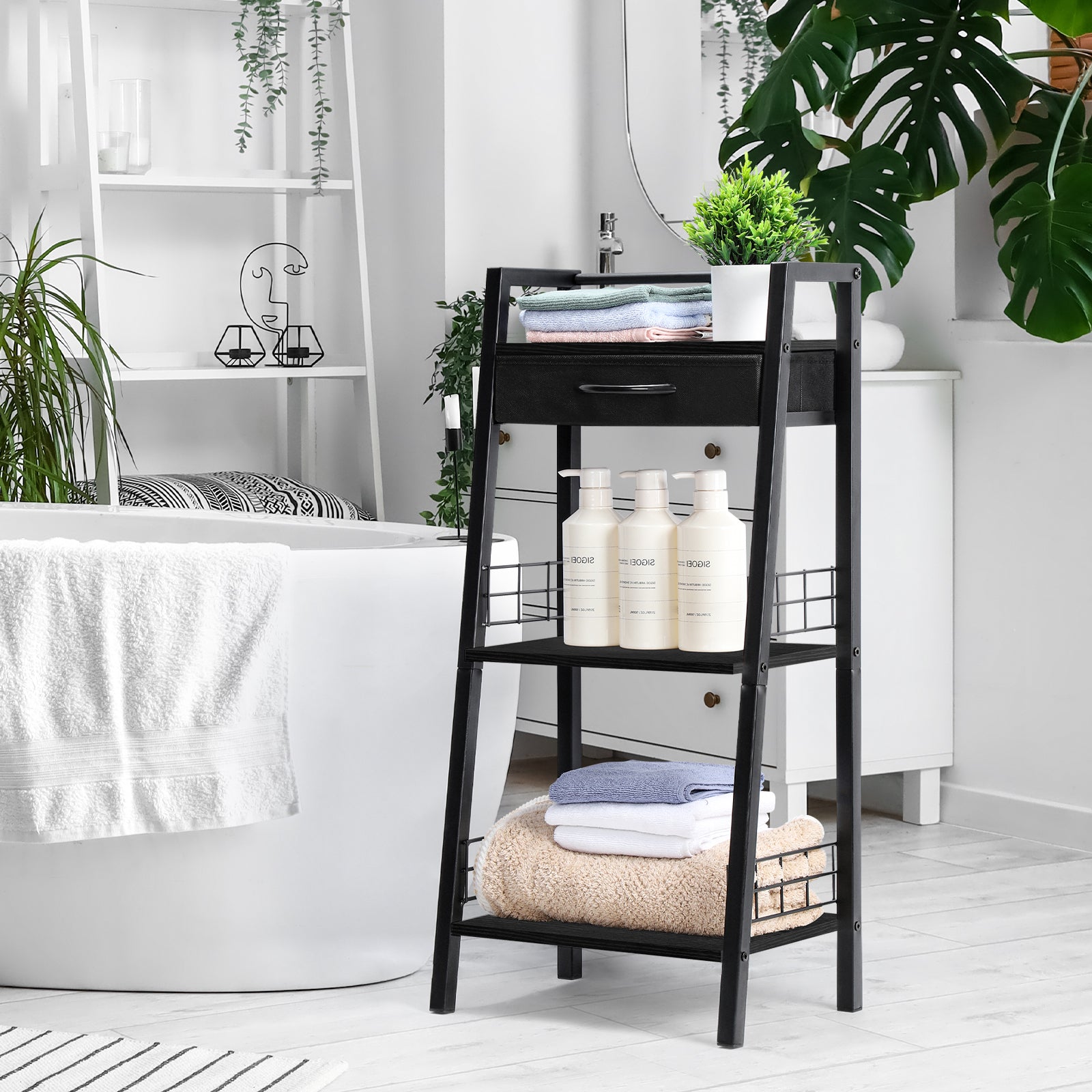 3 Tier Ladder Storage Shelf with Fabric Drawer, Freestanding Small Bookshelf Organizer Rack, Industrial Metal Frame Display Shelves for Bathroom, Bedroom, Living Room, Balcony, Black