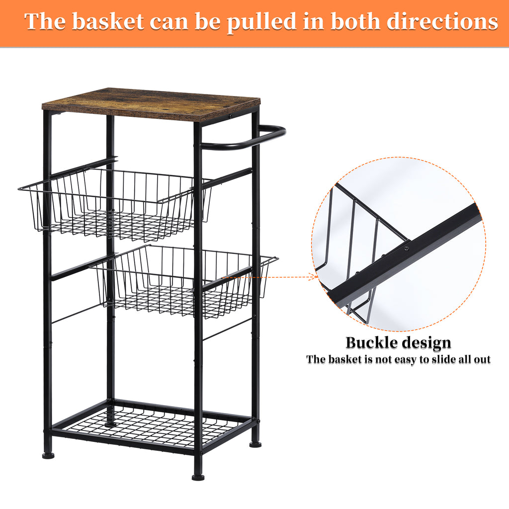 4-Tier Rolling Fruit & Vegetable Basket Cart - Mesh Wire Storage Trolley with Wood Top and Side Handle