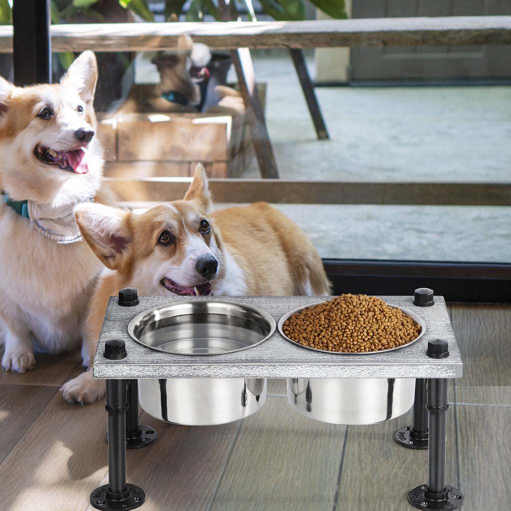 Pet Rice Bowl with 2 Stainless Steel Bowls and Non-Slip Feet Removable Wooden Pet Feeder with Drinking and Feeding Station for Cats and Dogs, Gray