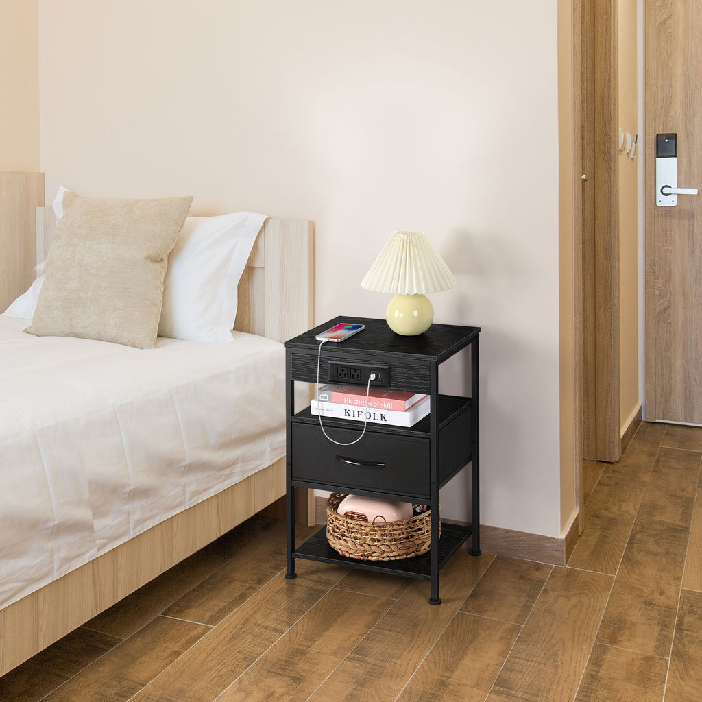 3-Tier Nightstand with Charging Station (2-Pack) - Modern Black End Tables for Bedroom, Dorm & Office