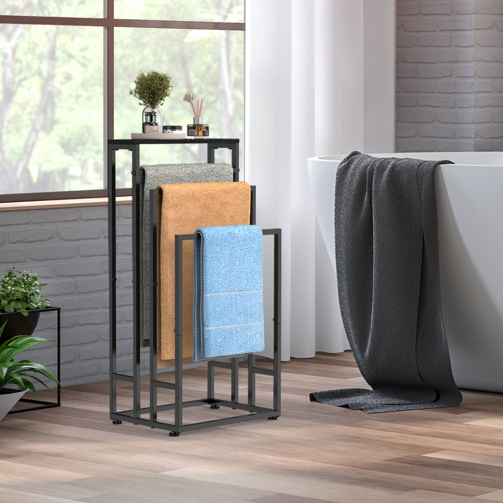 3-Tier Freestanding Bathroom Towel Rack with Storage Shelf - Standing Hand Towel Holder & Drying Stand for Bathroom, Poolside & Dorm, Black