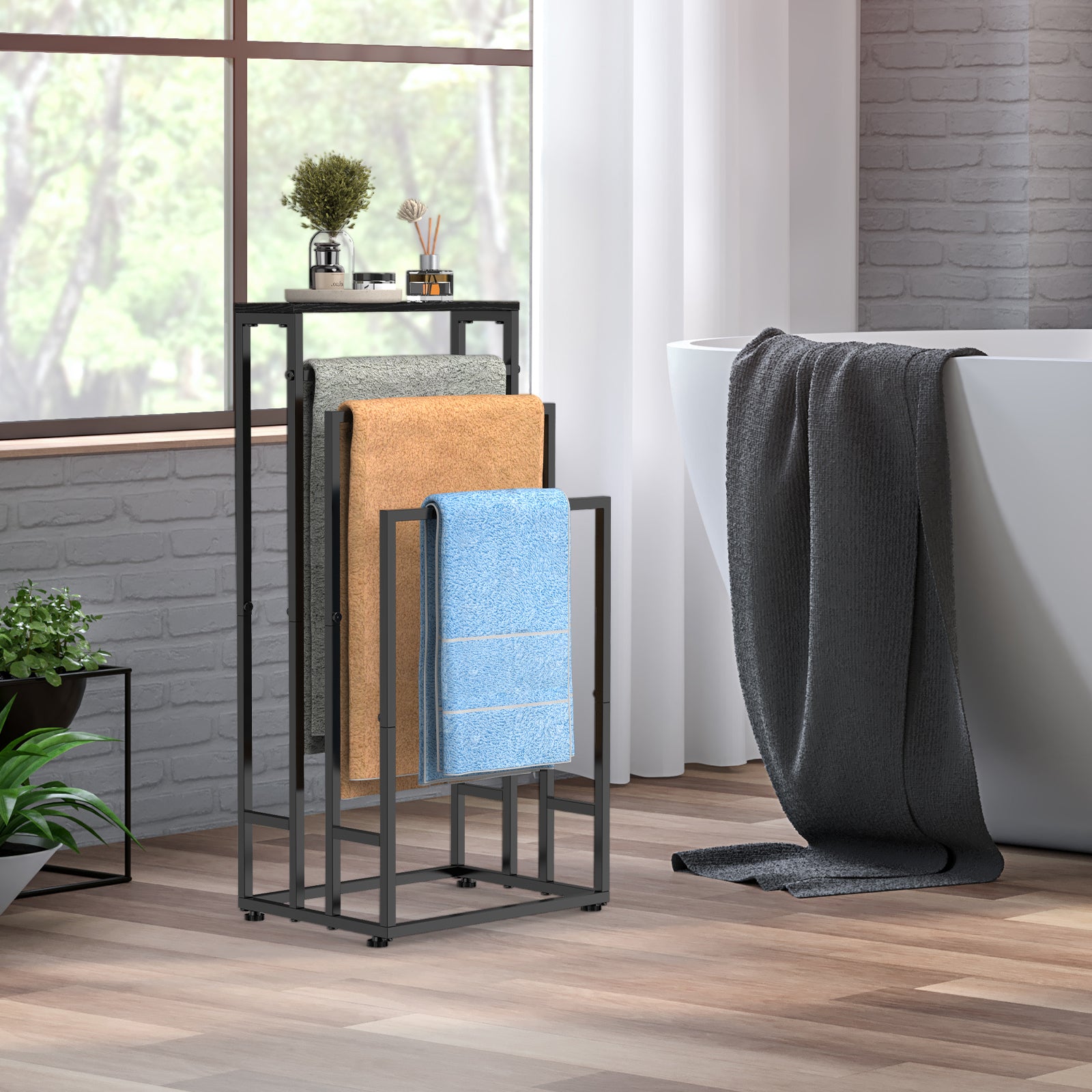 3-Tier Freestanding Bathroom Towel Rack with Storage Shelf - Standing Hand Towel Holder & Drying Stand for Bathroom, Poolside & Dorm, Black