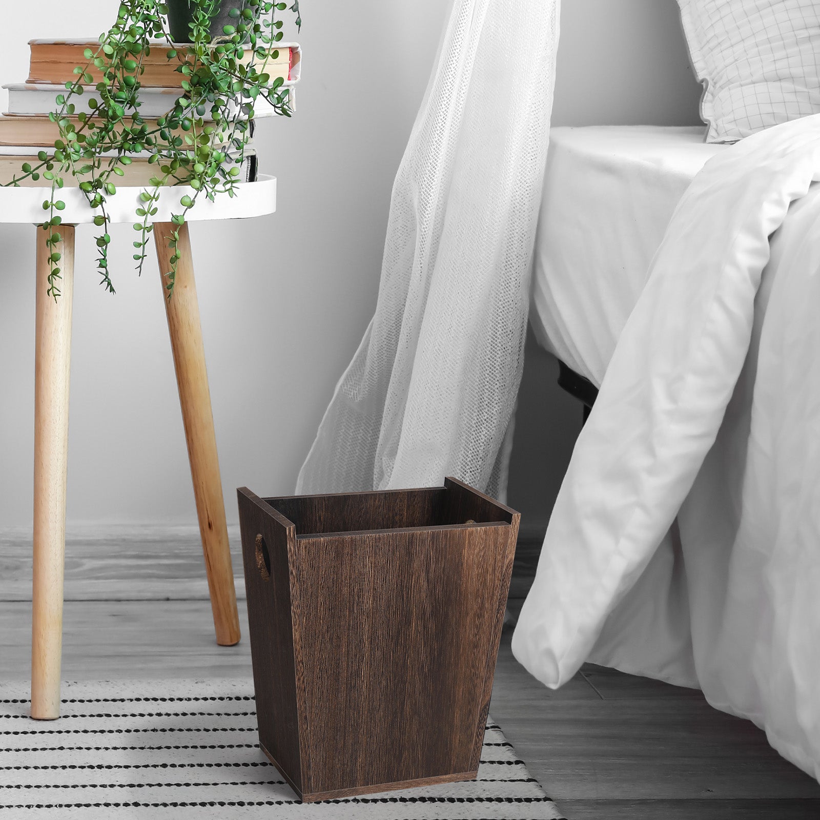 Small Rectangular Wood Waste Basket - Rustic Farmhouse Trash Can with Cut-Out Handles - Compact Garbage Bin for Bathroom, Office & Bedroom
