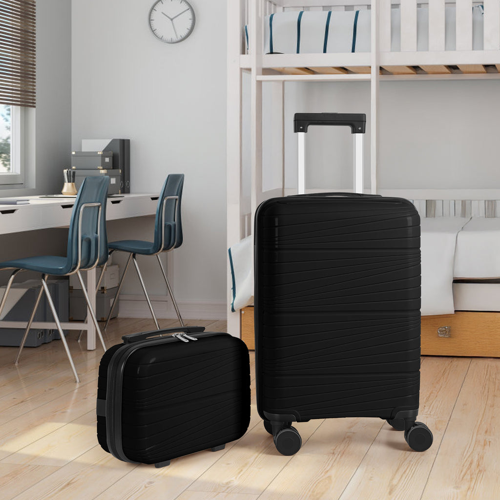 2-Piece PP Hardside Luggage Set - 20 Inch Carry On Suitcase + 14 Inch Cosmetic Case with Spinner Wheels & Lock (Black)