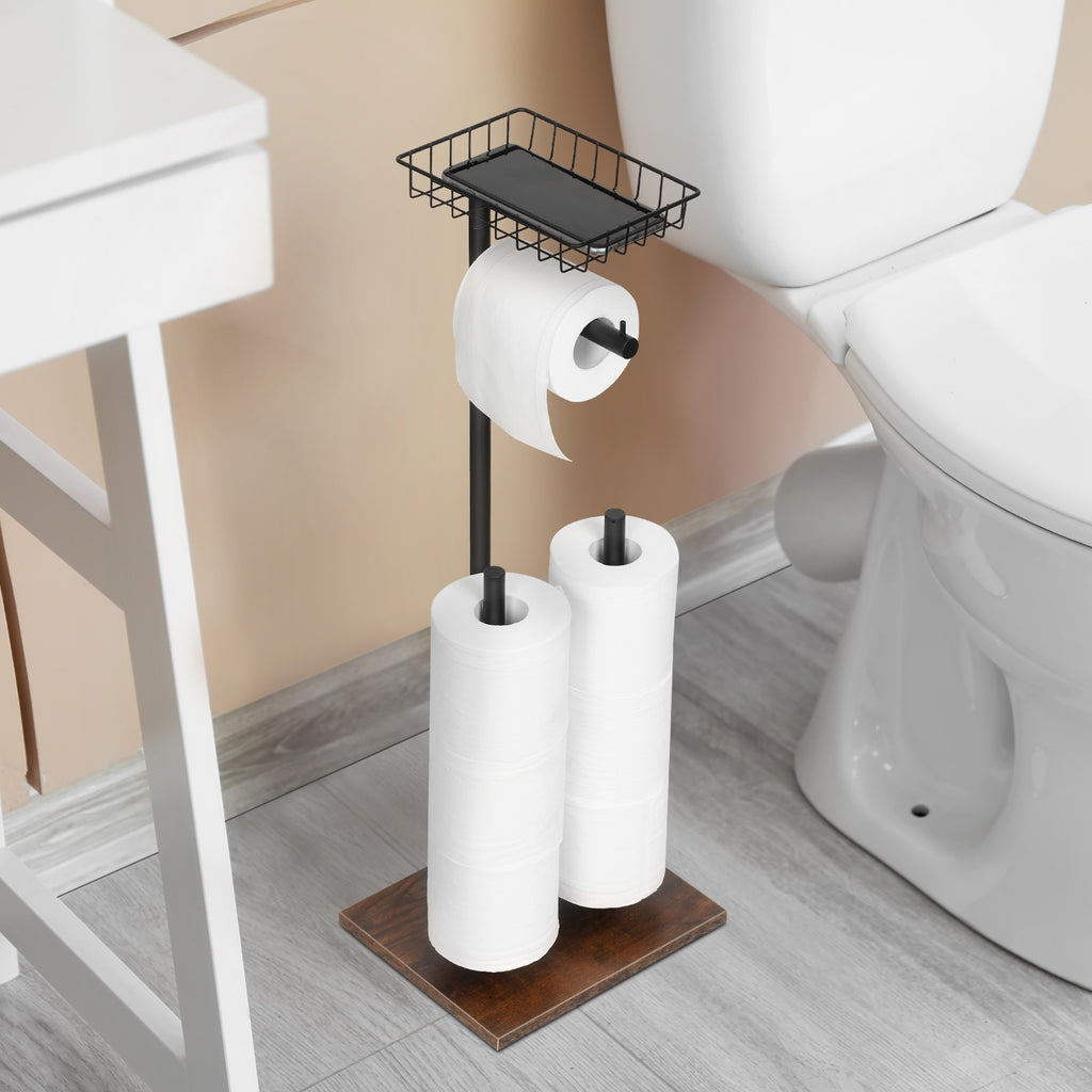 Free Standing Toilet Paper Holder Stand with Top Wire Storage Basket, Dual Spare Roll Holders Rustic Wood Base Black Metal Tissue Roll Rack, Multifunctional Floor Toilet Paper Organizer for Bathroom