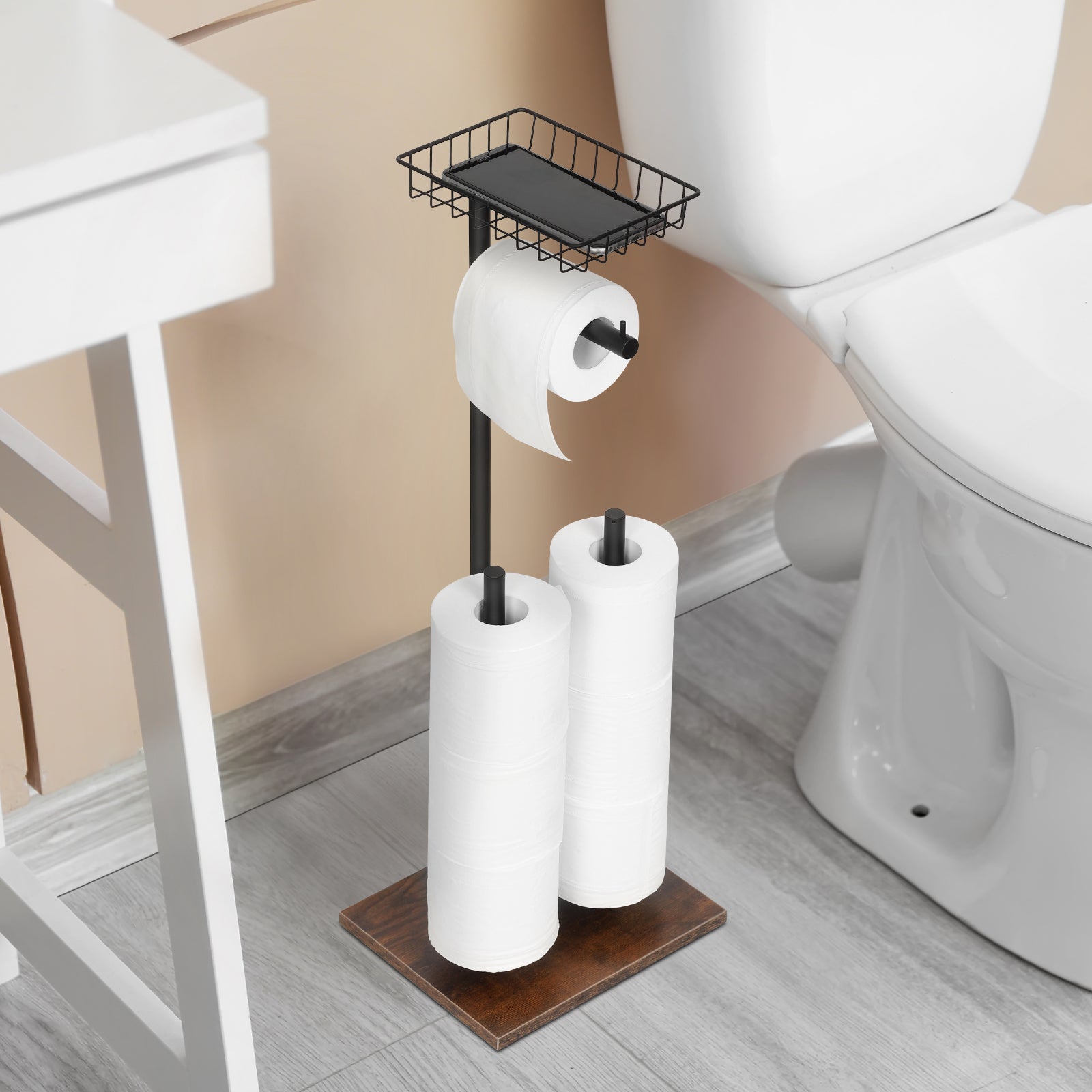 Free Standing Toilet Paper Holder Stand with Top Wire Storage Basket, Dual Spare Roll Holders Rustic Wood Base Black Metal Tissue Roll Rack, Multifunctional Floor Toilet Paper Organizer for Bathroom
