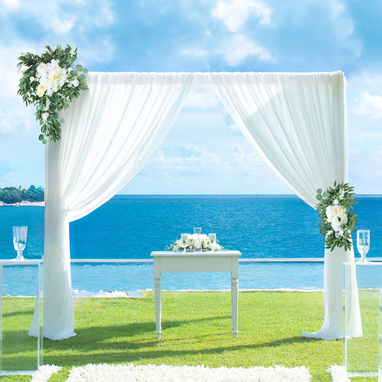 Wedding Arch Draping Fabric 2 Pack White Chiffon with 2 Artificial Flower Bouquets 30in x 26ft Chiffon Backdrop Curtain Outdoor Sheer Drapery for Ceremony Party Ceiling Decoration