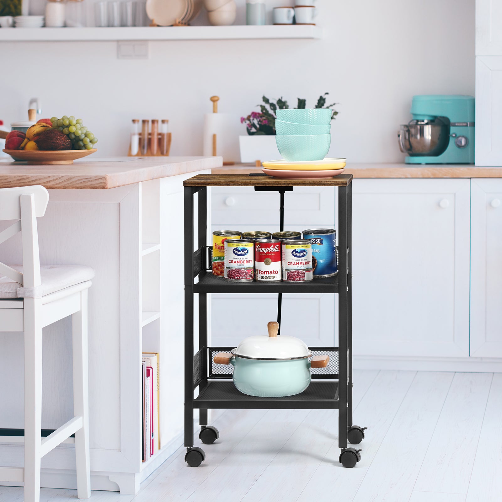 3-Tier Tall End Table with Charging Station - Sofa Side Table with USB Ports and Power Outlets, Rustic Brown