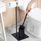 Free-Standing Toilet Paper Holder Stand - Dual Roll Dispenser with Integrated Toilet Brush & Storage, Matte Black