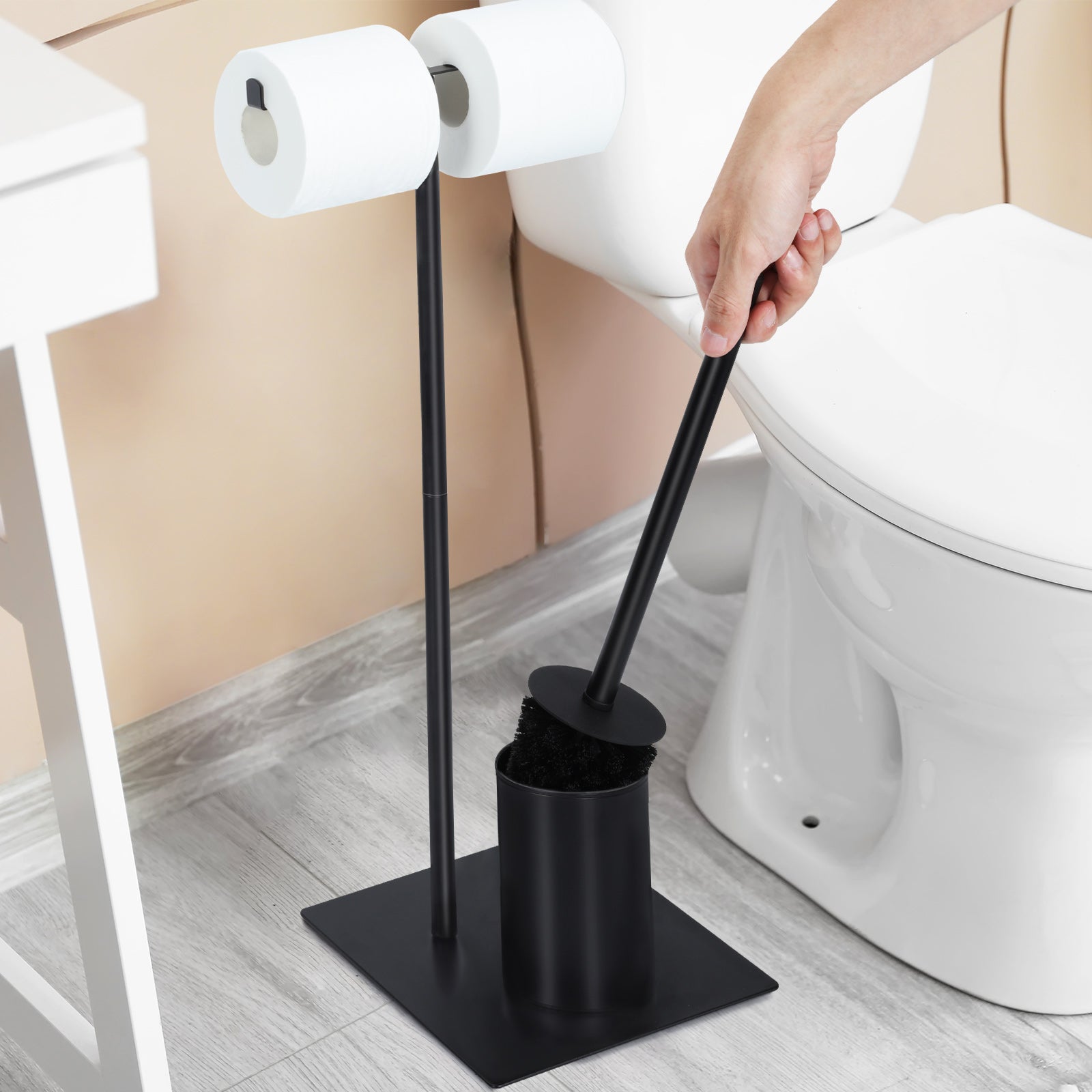 Free-Standing Toilet Paper Holder Stand - Dual Roll Dispenser with Integrated Toilet Brush & Storage, Matte Black