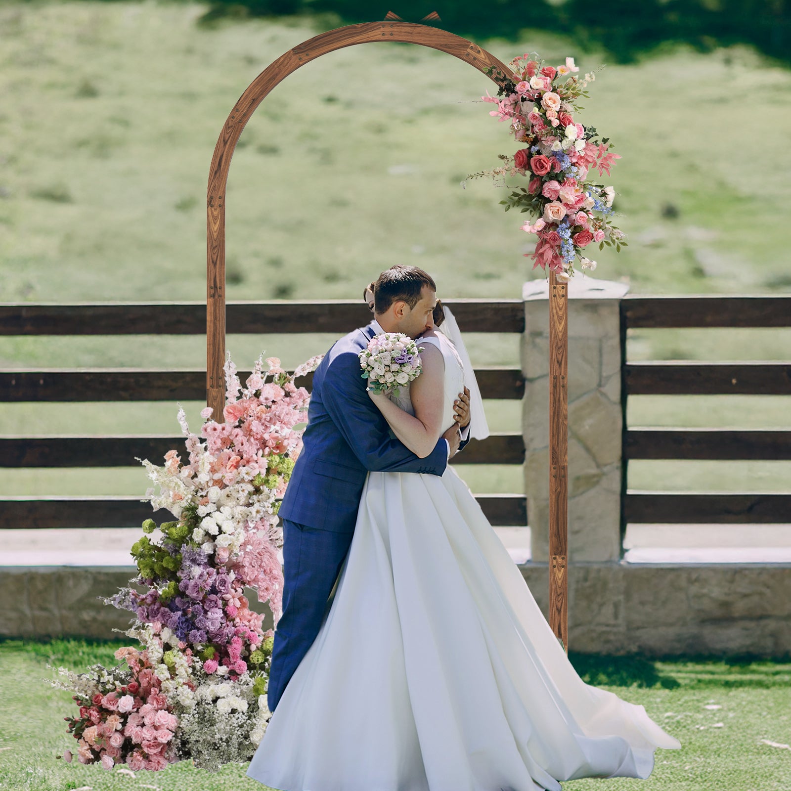 8FT Round Top Wooden Wedding Arch, Rustic Solid Wood Curved Arbor Backdrop Stand, Freestanding Heavy Duty Wooden Arch Frame for Wedding Ceremony, Bridal Shower, Birthday, Proposal, Indoor Outdoor Decor