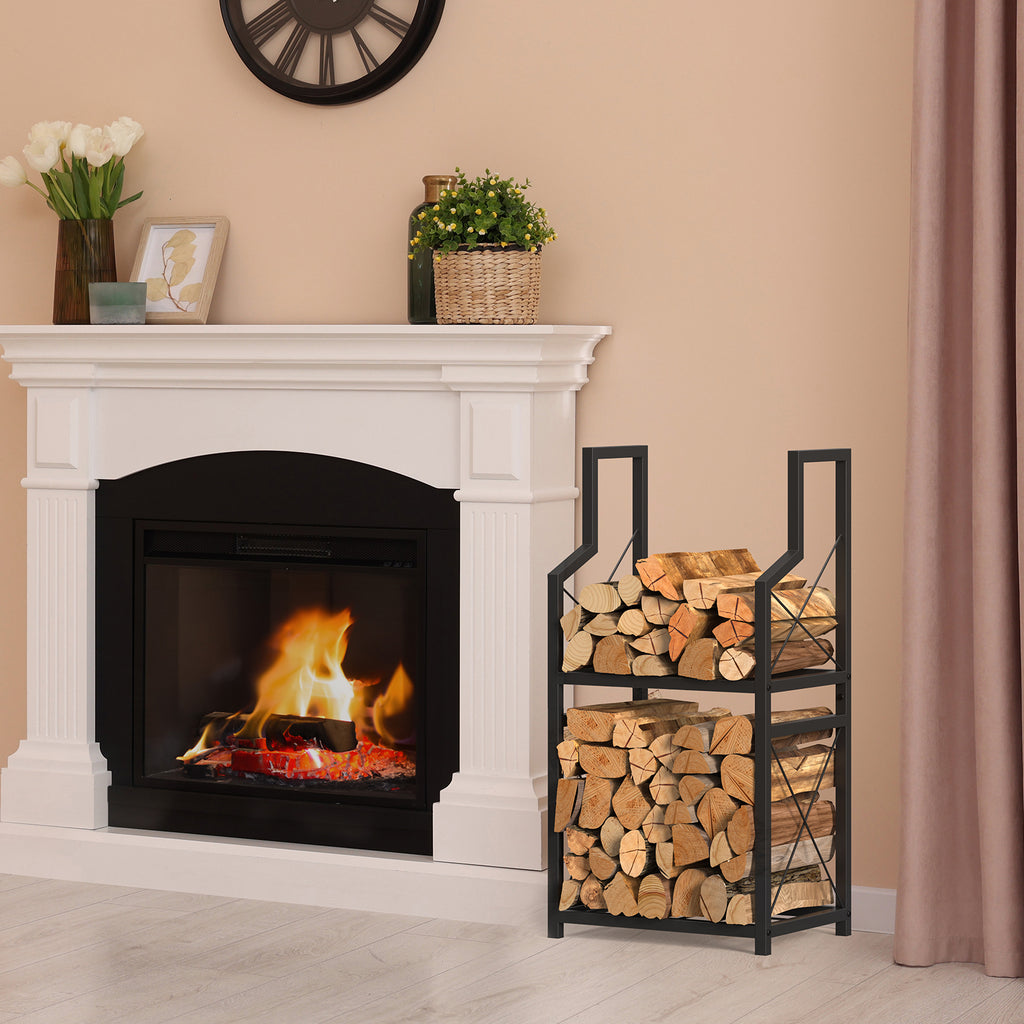 2-Tier Heavy Duty Firewood Rack for Indoor & Outdoor - Decorative Log Storage Stand for Fireplace, Fire Pit & Hearth, Black Metal Wood Holder