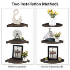 Set of 4 Rustic Dark Brown Wood Corner Floating Shelves, Wall-Mounted Storage and Display Units for Living Room, Bedroom, and Kitchen.