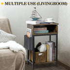 End Table with Charging Station & Fabric Storage Bag - Narrow Nightstand for Living Room and Bedroom