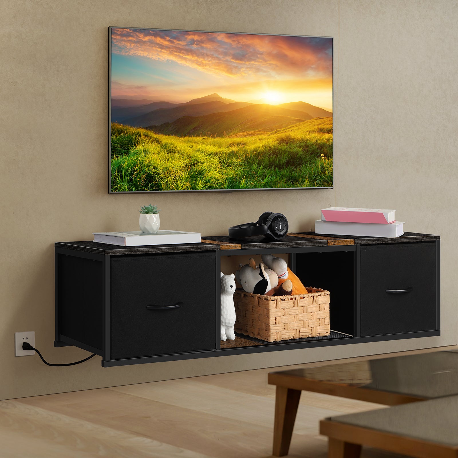 Floating TV Stand with Power Outlets - Wall Mount Entertainment Center for 50" TVs, Black