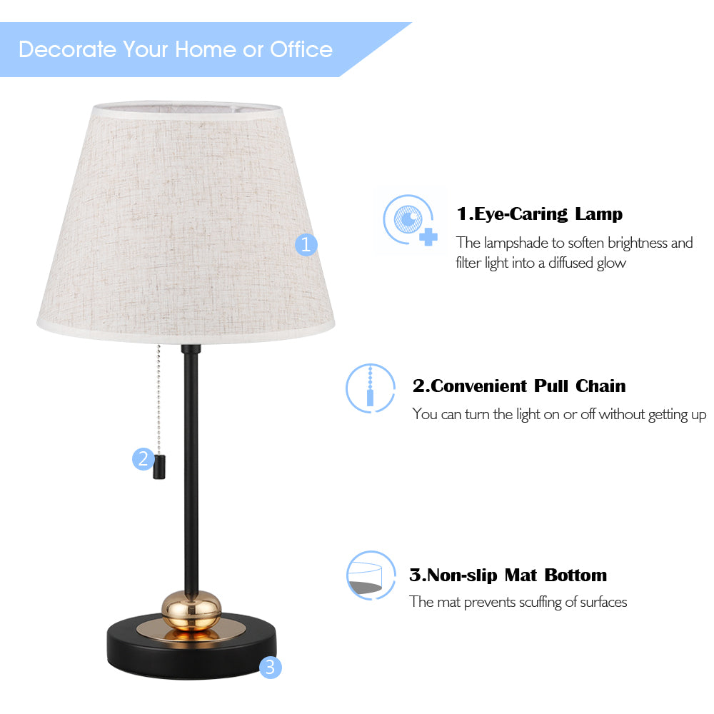 Modern Nightstand Lamp Set with Black/Linen Finish， Unique Metal Base Lamps for College Dorm.