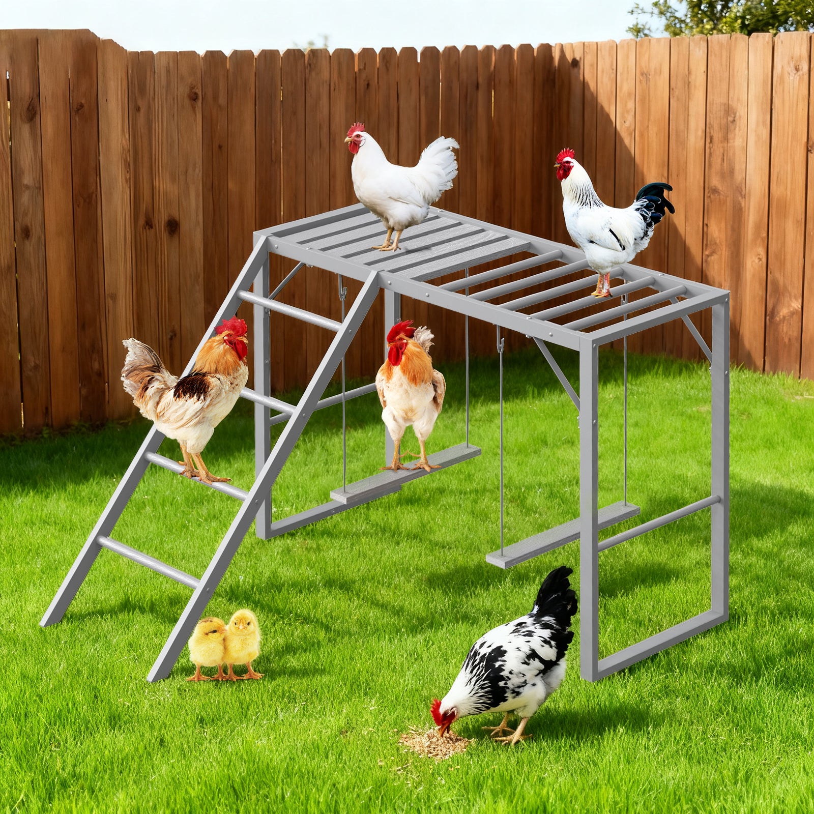 Chicken Perch Playground with Swing Set, Grey Wooden Chicken Activity Toy with Roosting Bars, Ladder & Swings for Coop, Holds 4-6 Chickens