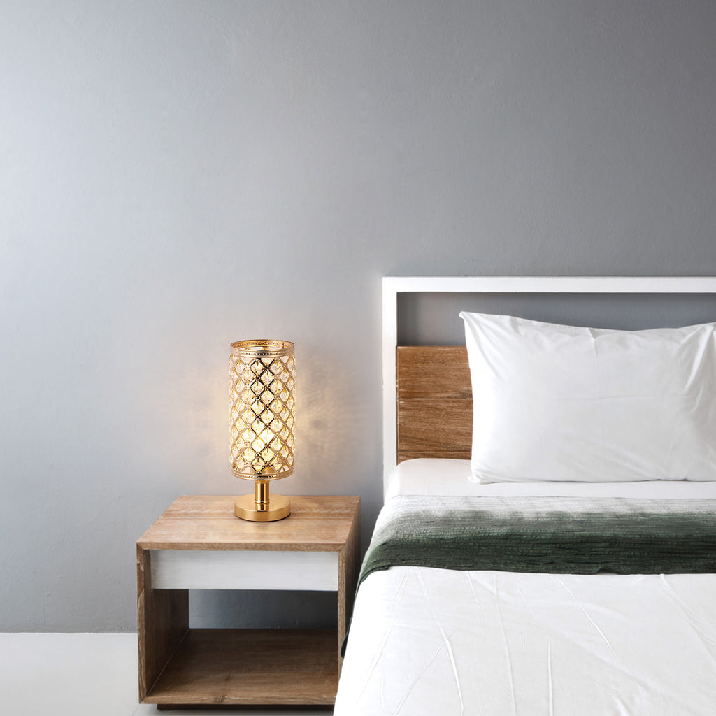 Luxury Gold K9 Crystal Table Lamp, Modern Decorative Nightstand Lamp with Hollow Metal Base for Bedroom