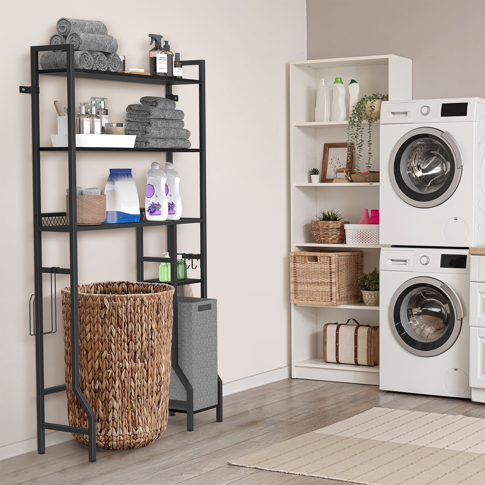 5-Tier Bathroom Over the Toilet Organizer - Tall Storage Rack with Laundry Basket & Side Shelves,