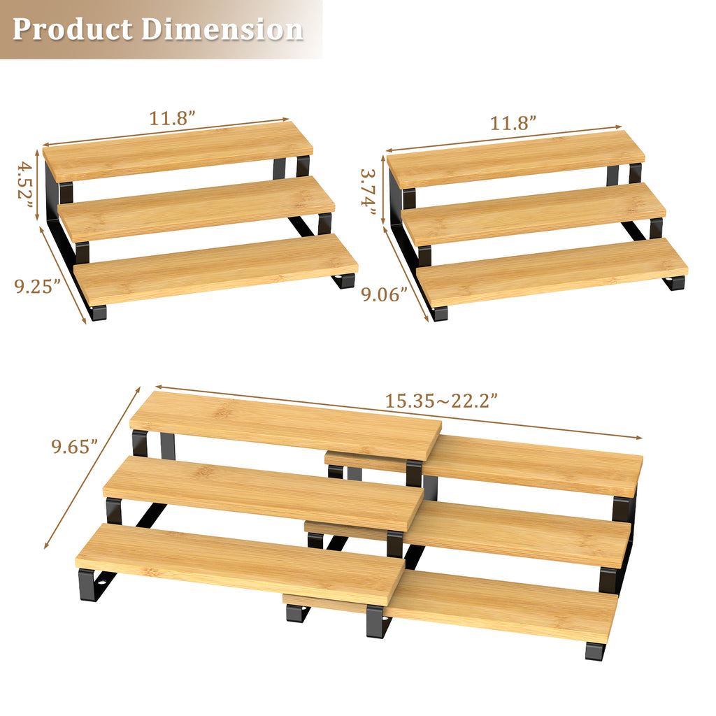 3-Tier Expandable Bamboo Spice Rack Organizer (Set of 2) - Adjustable Tiered Shelf for Kitchen Cabinets