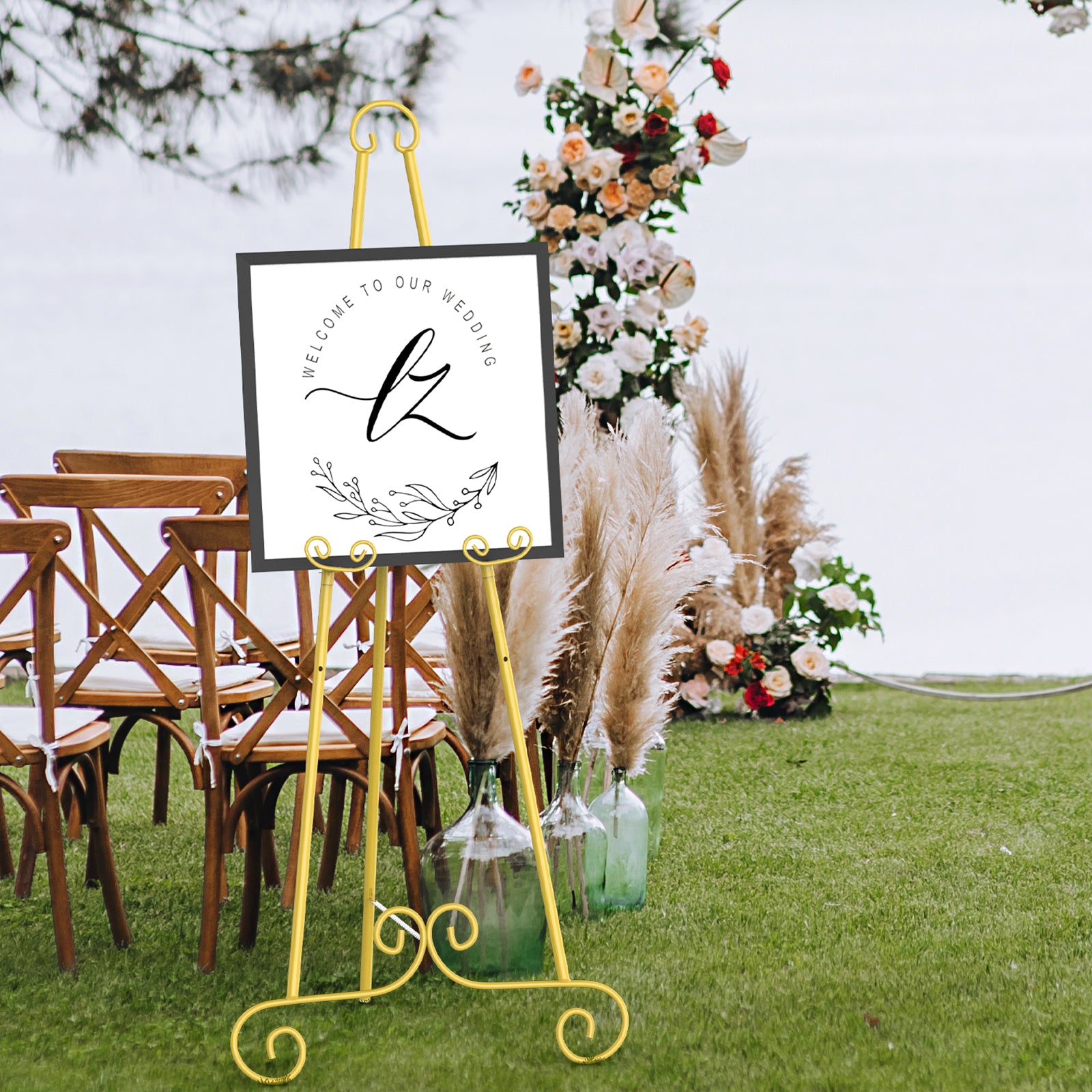 46inches H Vintage Metal Scroll Display Easel - Adjustable Floor Standing Art & Sign Holder