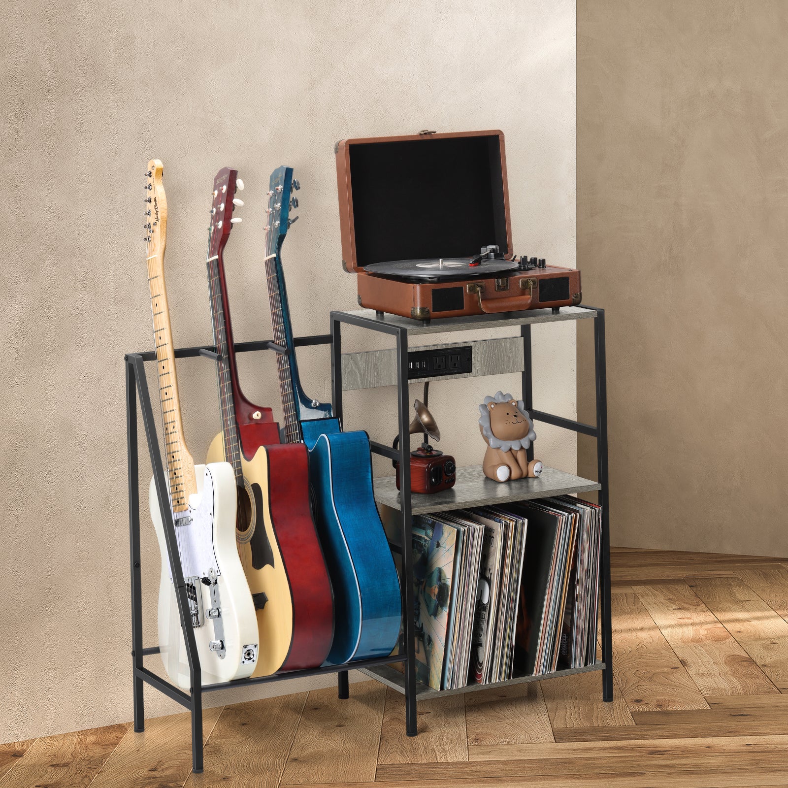 Record Player Stand End Table with Charging Station Record Vinyl Guitar Rack with 3 Tier Vinyl Storage Shelf Guitar Display Stand for Acoustic Guitar Accessories for Music Room Studio Farmhouse