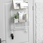 Over-the-Door Towel Rack with Storage Basket, No-Drill Hanging Organizer with Hooks for Bathroom, Kitchen, RV & Camper, White