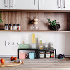 Set of 2 Black Cabinet Shelf Inserts - Expandable & Stackable Kitchen Organizer for Spice Rack