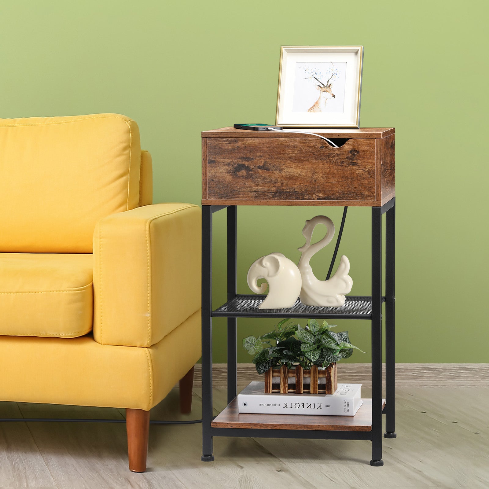 Rustic End Table with Charging Station - Slide Rail Bedside Nightstand w/ USB Ports & Outlets, Brown