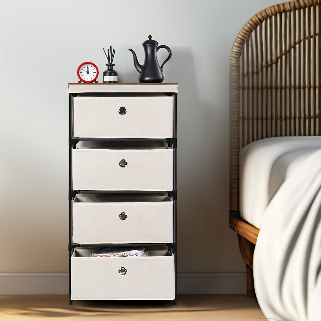 4-Drawer Bedroom Storage Tower, Compact Fabric Organizer Unit and Clothing Chest of Drawers