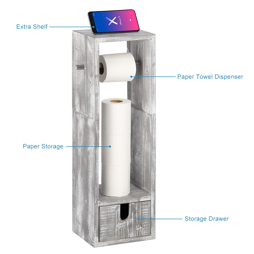 Rustic Wood Toilet Paper Holder Stand - Free-Standing Tissue Dispenser with Storage Drawer & Phone Shelf