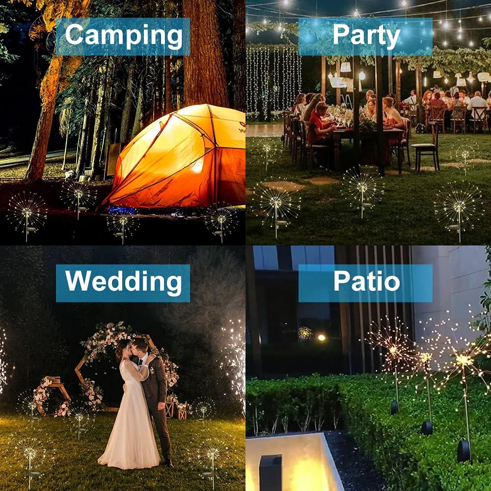 2 Pack Solar Firework Lights - 120 LED Outdoor Garden Decorative Pathway Lights w/ 8 Modes, Warm White
