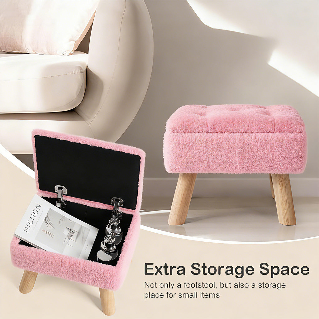 Small Storage Ottoman Foot Stool, Pink Faux Teddy Fur Footrest Stool with Wooden Legs, Multi-Purpose Shoe Changing Bench for Living Room, Bedroom, Entryway, Office