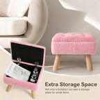 Small Storage Ottoman Foot Stool, Pink Faux Teddy Fur Footrest Stool with Wooden Legs, Multi-Purpose Shoe Changing Bench for Living Room, Bedroom, Entryway, Office