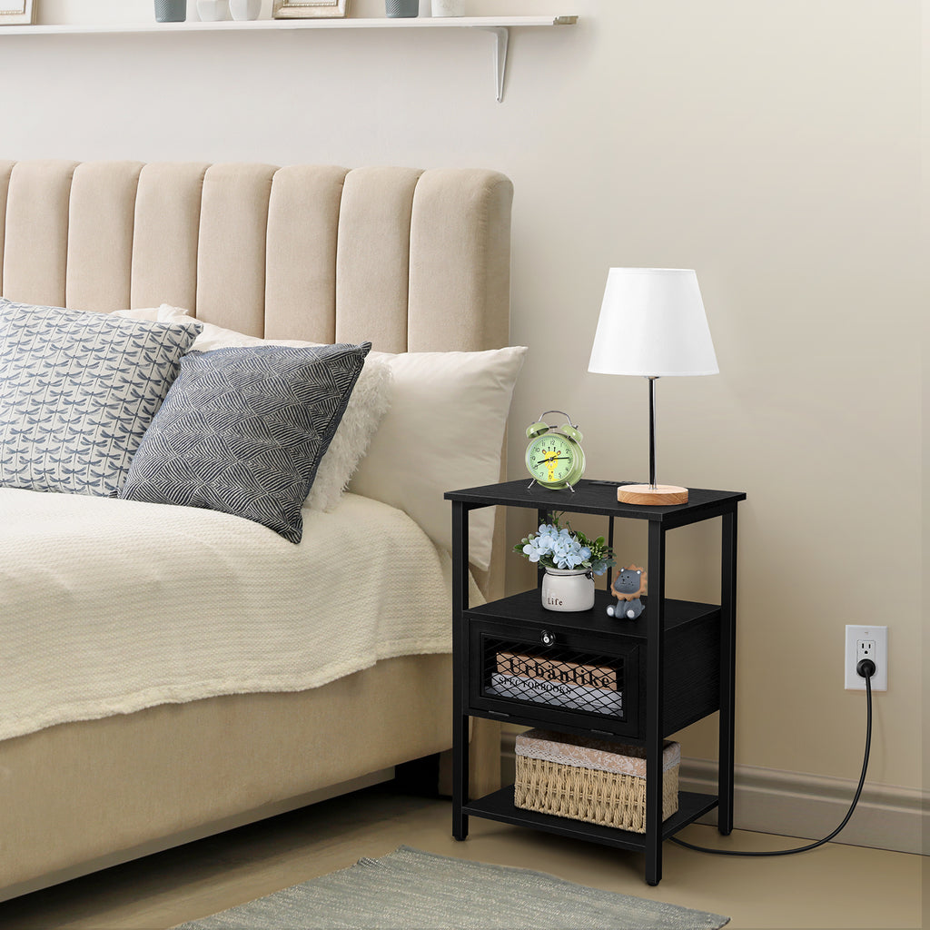 Black Nightstand with Charging Station, 3-Tier End Table with Drawer & USB Ports, for Bedroom & Living Room