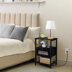 Black Nightstand with Charging Station, 3-Tier End Table with Drawer & USB Ports, for Bedroom & Living Room