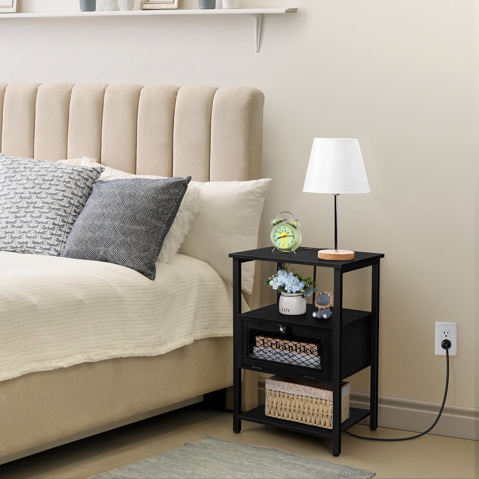 Black Nightstand with Charging Station, 3-Tier End Table with Drawer & USB Ports, for Bedroom & Living Room