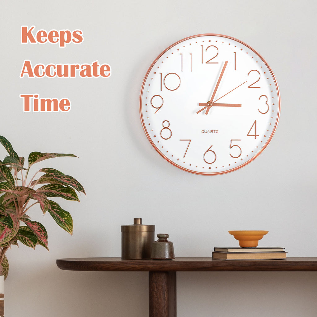 12 Inch Rose Gold Silent Wall Clock - Modern Minimalist Non-Ticking Clock for Living Room, Bedroom, Kitchen, Battery Operated, Large Easy-to-Read Display