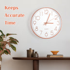 12 Inch Rose Gold Silent Wall Clock - Modern Minimalist Non-Ticking Clock for Living Room, Bedroom, Kitchen, Battery Operated, Large Easy-to-Read Display