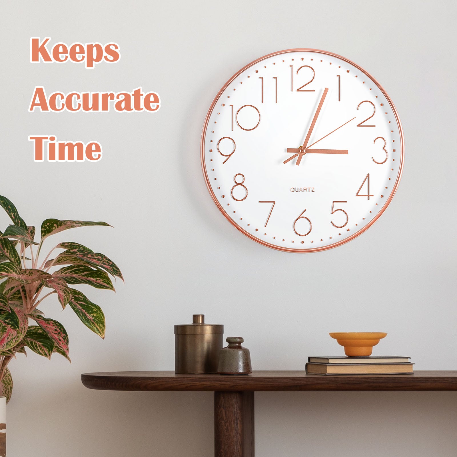 12 Inch Rose Gold Silent Wall Clock - Modern Minimalist Non-Ticking Clock for Living Room, Bedroom, Kitchen, Battery Operated, Large Easy-to-Read Display